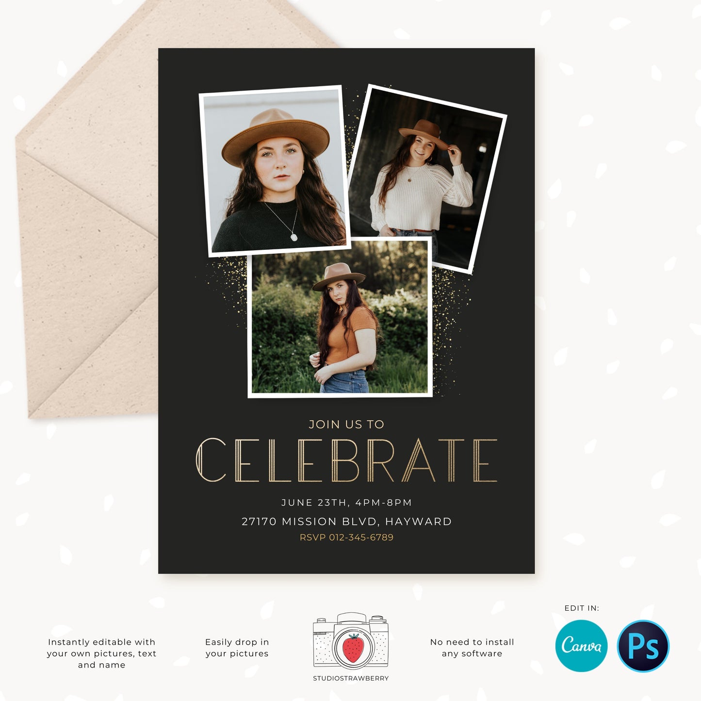 Graduation invitation template, Editable Graduation Photo Card, Senior Graduation Template, Senior Graduation Announcement, Gold, Collage
