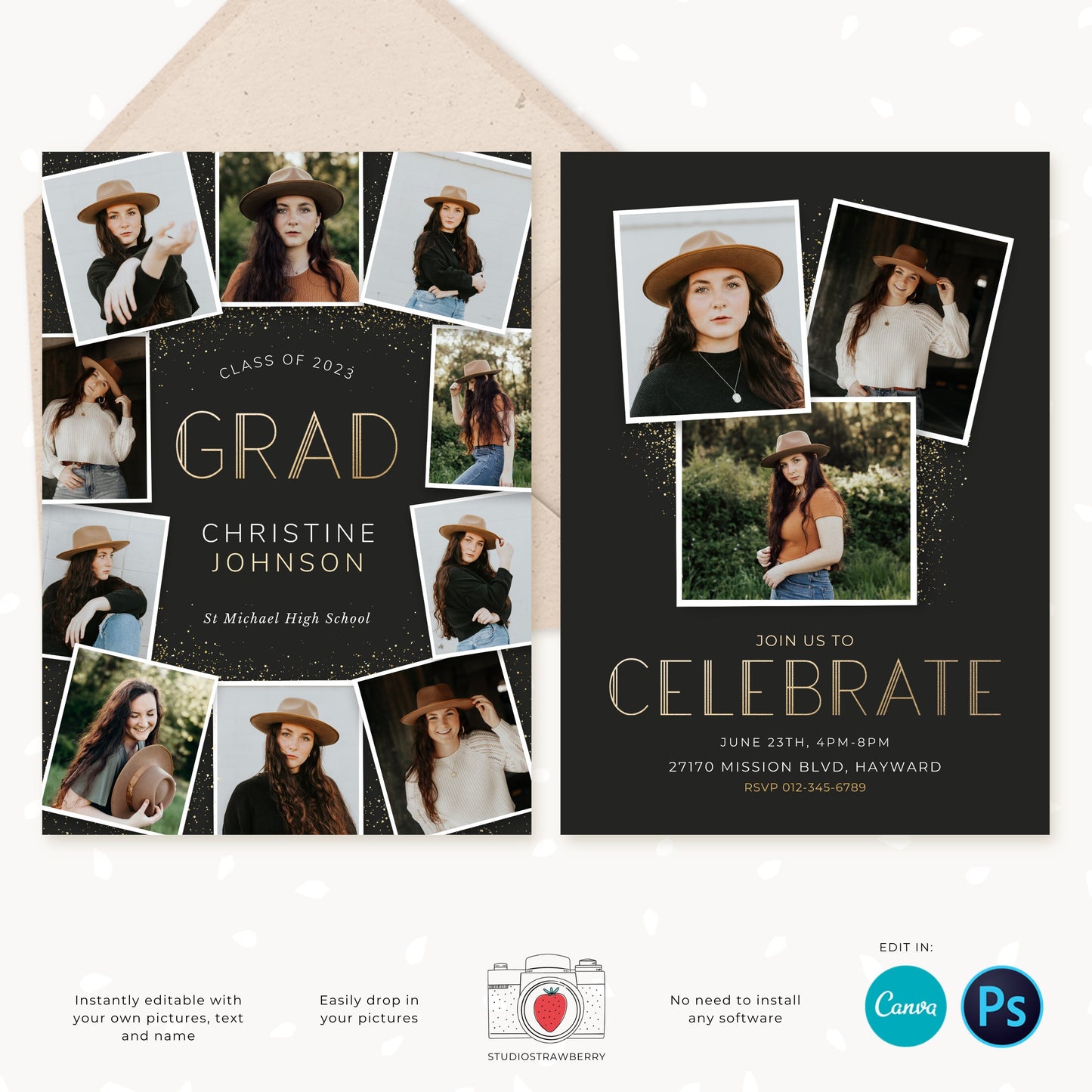 Graduation invitation template, Editable Graduation Photo Card, Senior Graduation Template, Senior Graduation Announcement, Gold, Collage