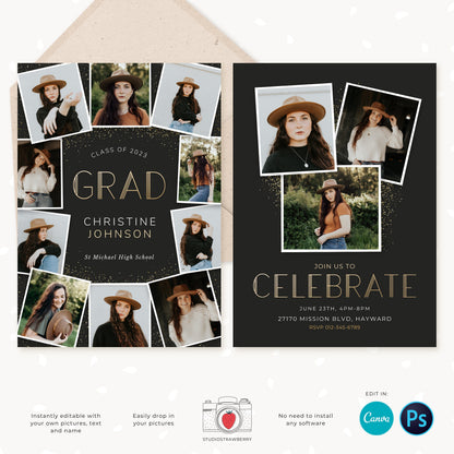 Graduation invitation template, Editable Graduation Photo Card, Senior Graduation Template, Senior Graduation Announcement, Gold, Collage