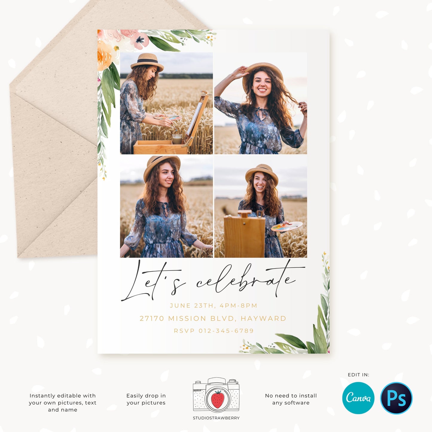 Graduation invitation template, Editable Graduation Photo Card, Senior Graduation Template, Senior Graduation Announcement, Watercolor