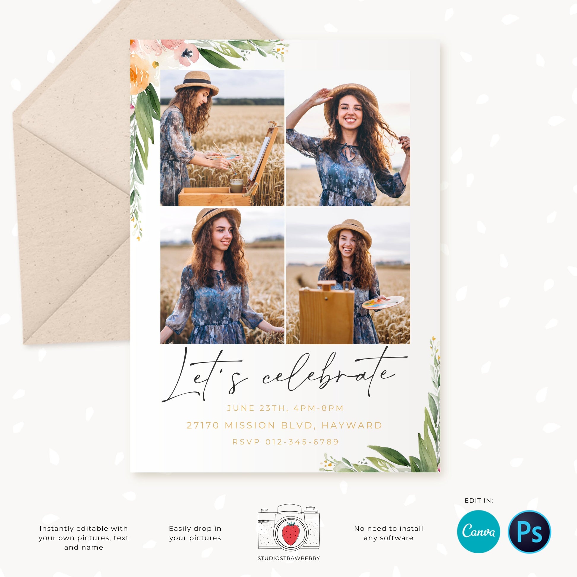 Graduation invitation template, Editable Graduation Photo Card, Senior Graduation Template, Senior Graduation Announcement, Watercolor