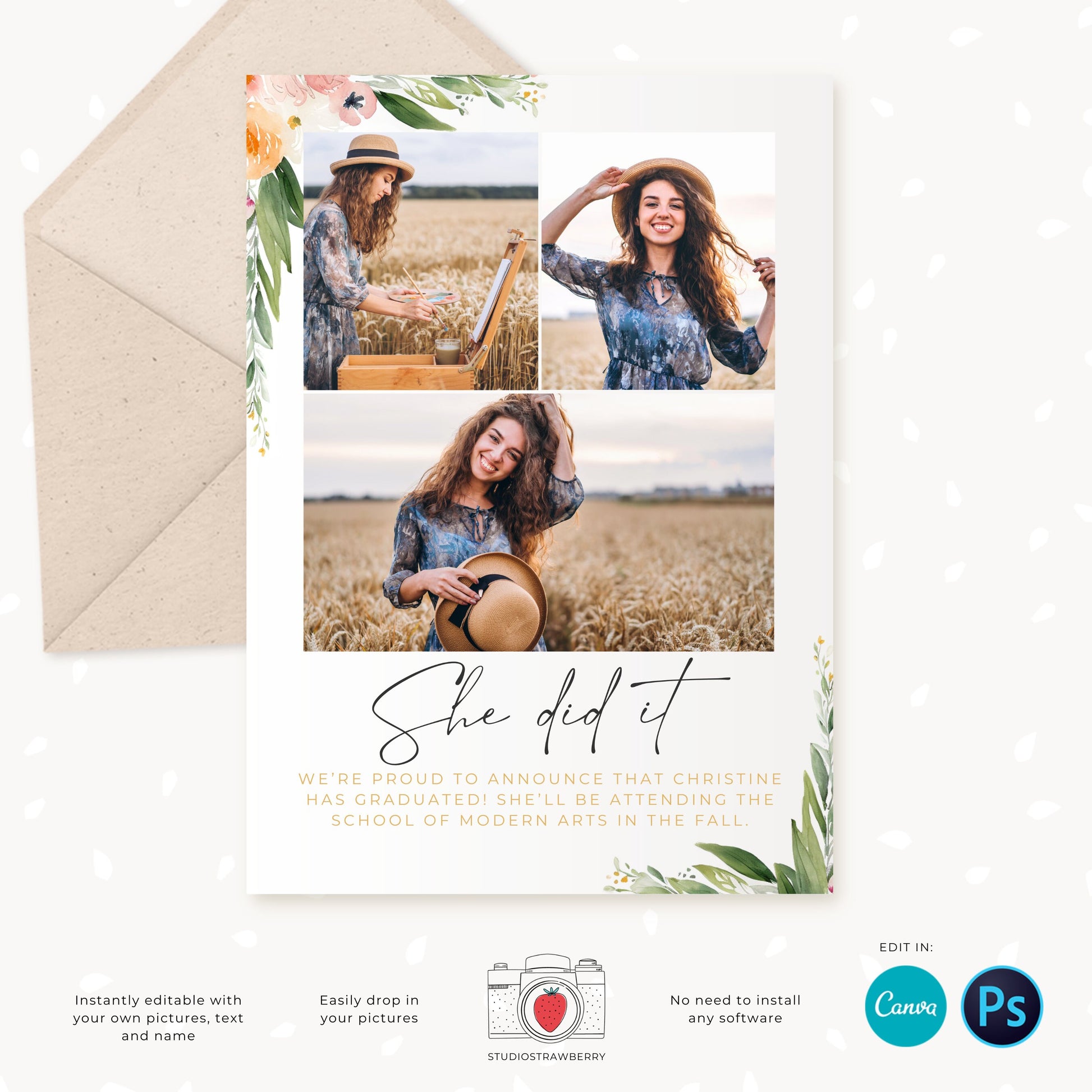 Graduation invitation template, Editable Graduation Photo Card, Senior Graduation Template, Senior Graduation Announcement, Watercolor