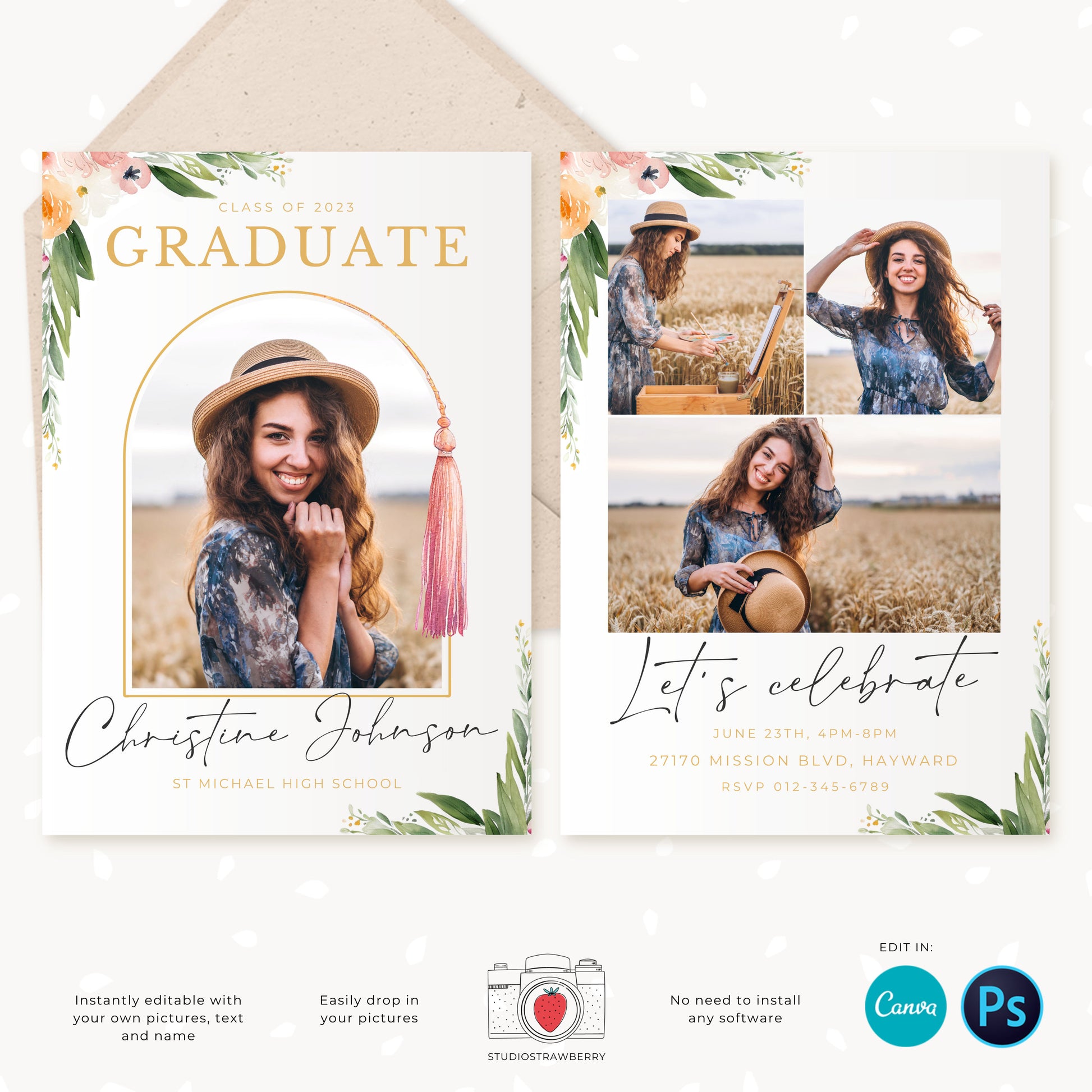 Graduation invitation template, Editable Graduation Photo Card, Senior Graduation Template, Senior Graduation Announcement, Watercolor
