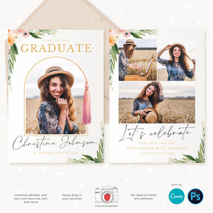 Graduation invitation template, Editable Graduation Photo Card, Senior Graduation Template, Senior Graduation Announcement, Watercolor