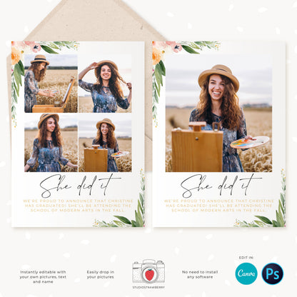 Graduation invitation template, Editable Graduation Photo Card, Senior Graduation Template, Senior Graduation Announcement, Watercolor