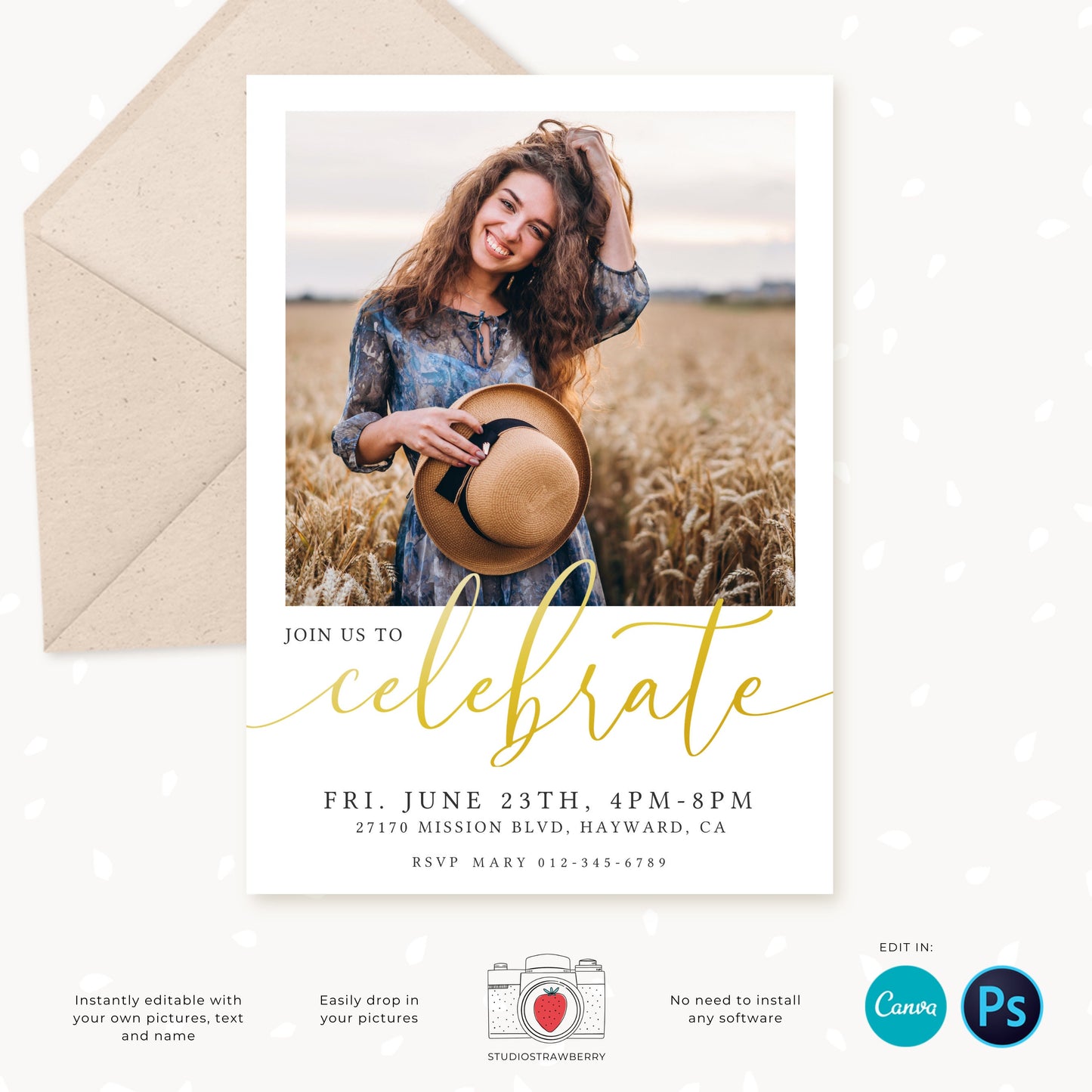Graduation invitation template, Editable Graduation Photo Card, Senior Graduation Template, Senior Graduation Announcement, Gold, Collage