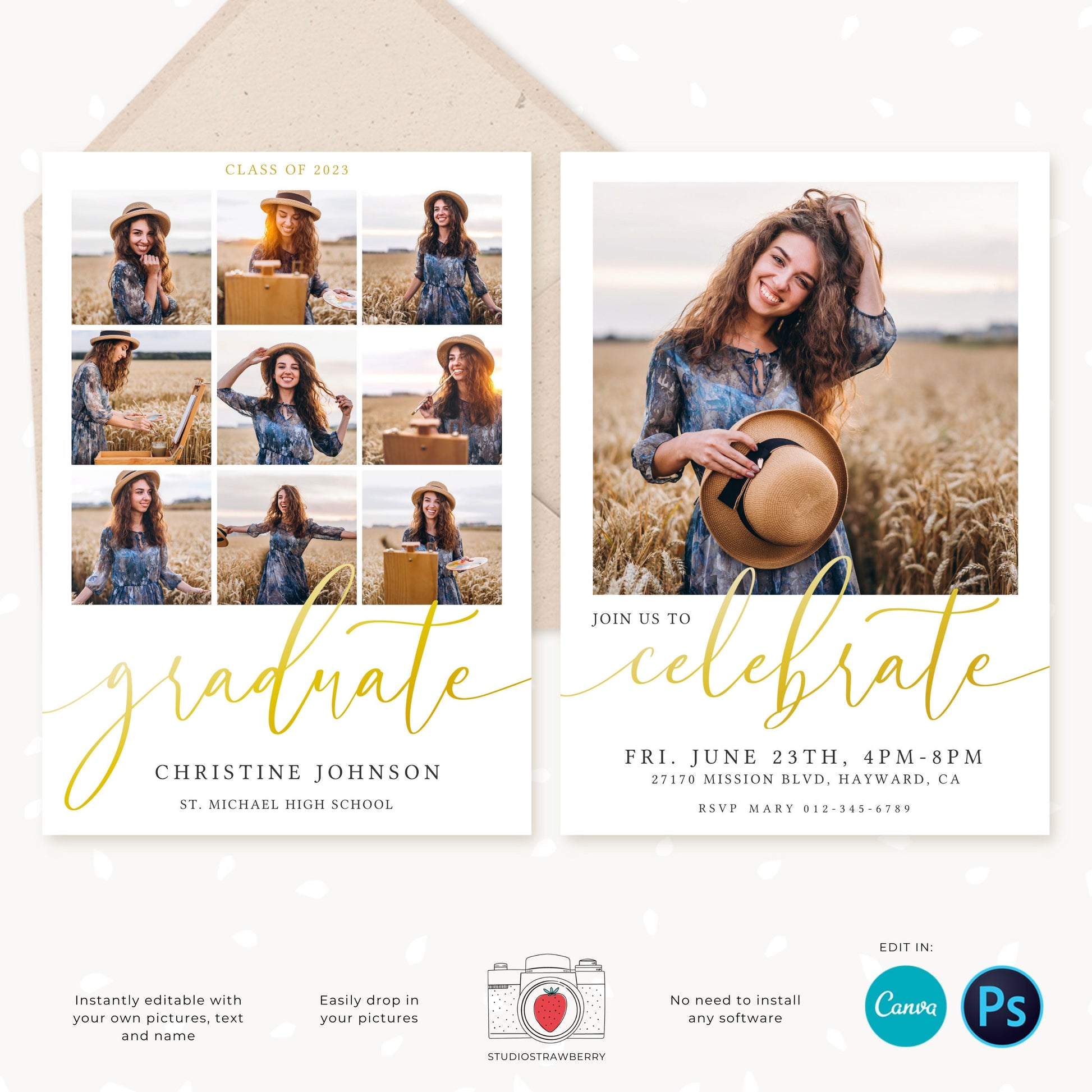 Graduation invitation template, Editable Graduation Photo Card, Senior Graduation Template, Senior Graduation Announcement, Gold, Collage