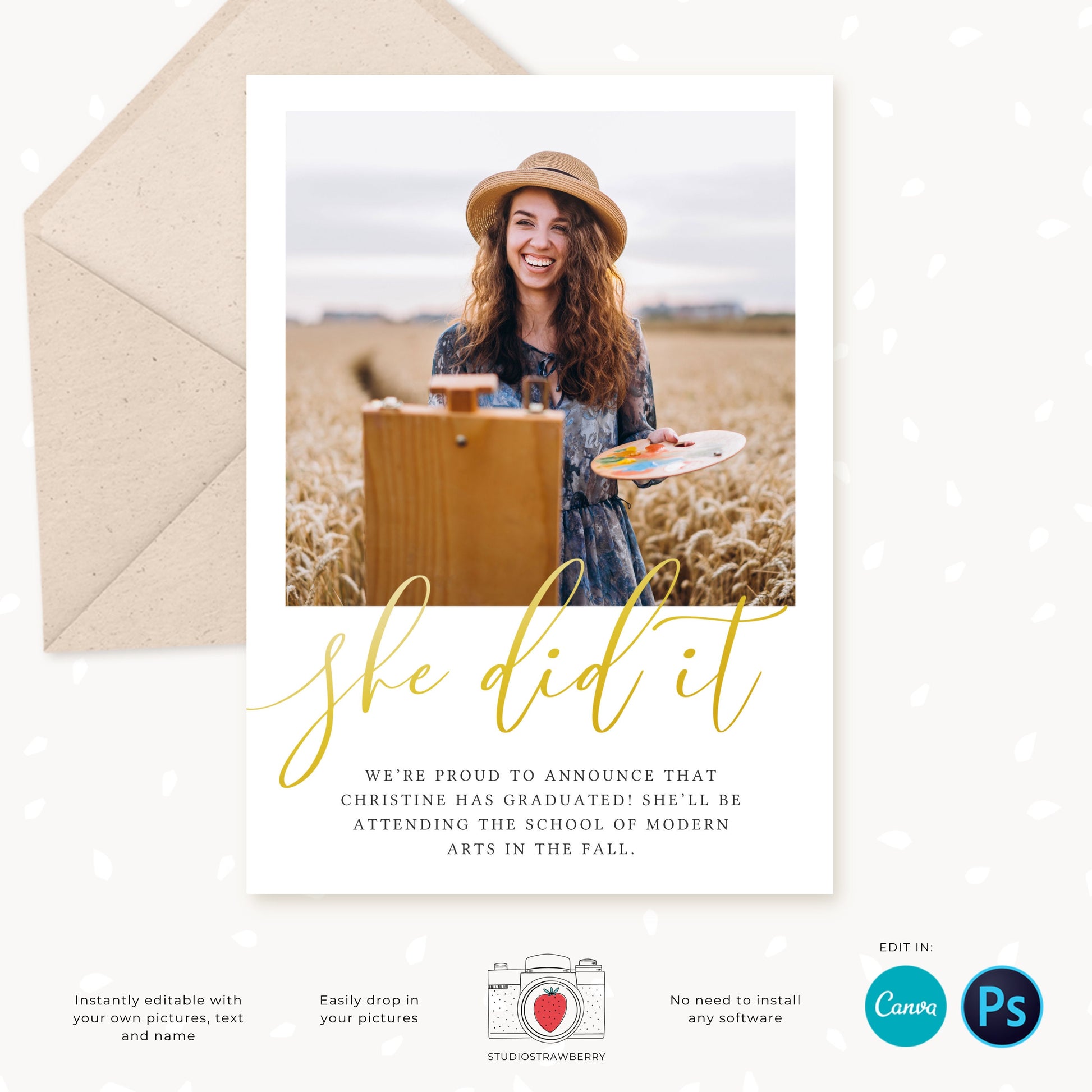 Graduation invitation template, Editable Graduation Photo Card, Senior Graduation Template, Senior Graduation Announcement, Gold, Collage