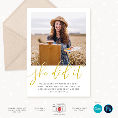 Graduation invitation template, Editable Graduation Photo Card, Senior Graduation Template, Senior Graduation Announcement, Gold, Collage