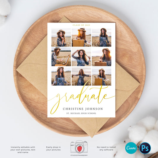 Graduation invitation template, Editable Graduation Photo Card, Senior Graduation Template, Senior Graduation Announcement, Gold, Collage