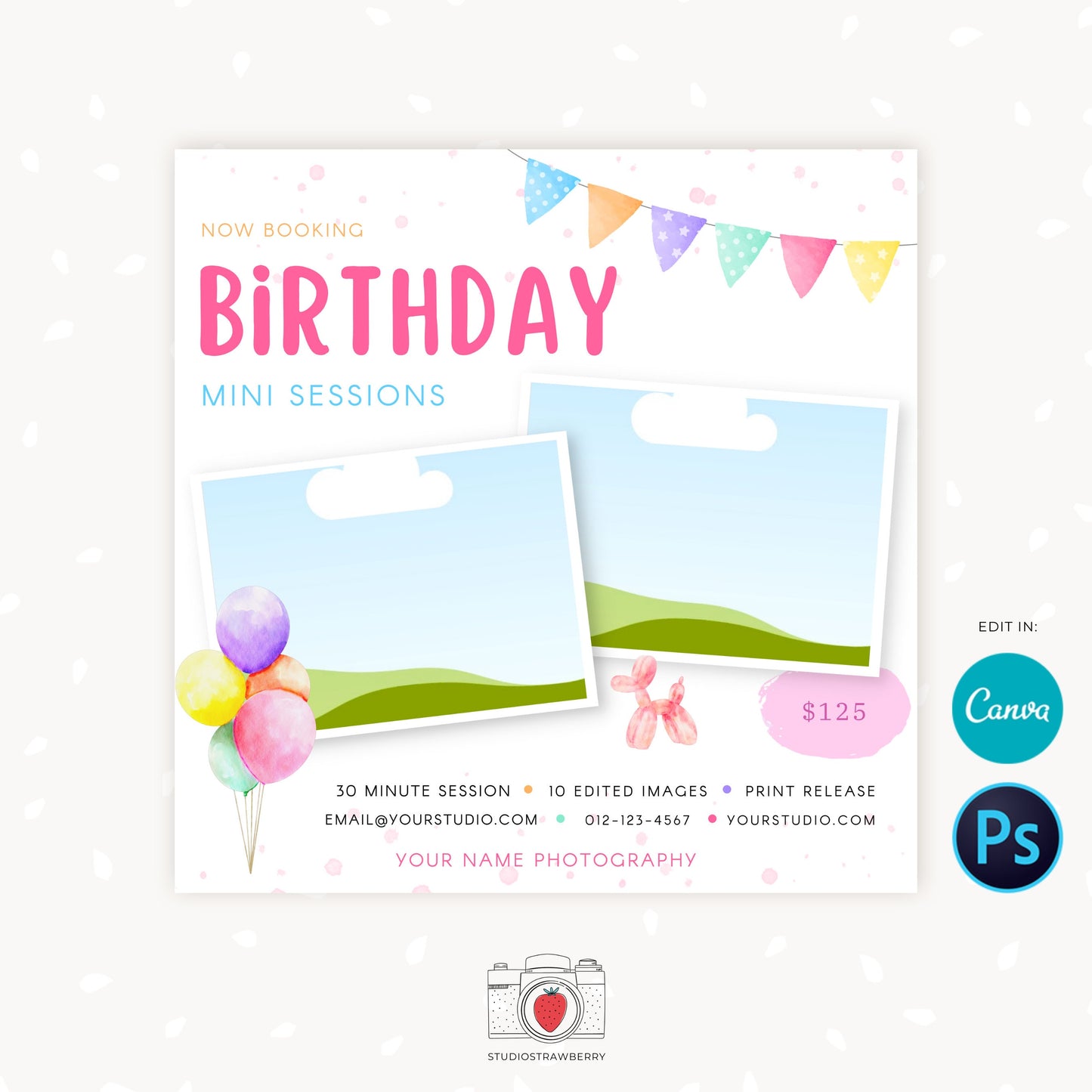 Birthday Mini Sessions Template, Canva, Photoshop, Birthday mini session template, Birthday Minis, First Birthday, Party pictures, Kids