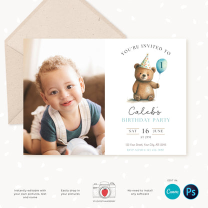 Bear Birthday Invitation, Editable Kids Party Invite, Birthday Photo Card, Custom, Personalized, Teddy bear, Bear Party, Boy, Girl, Any age