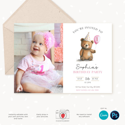 Bear Birthday Invitation, Editable Kids Party Invite, Birthday Photo Card, Custom, Personalized, Teddy bear, Bear Party, Boy, Girl, Any age
