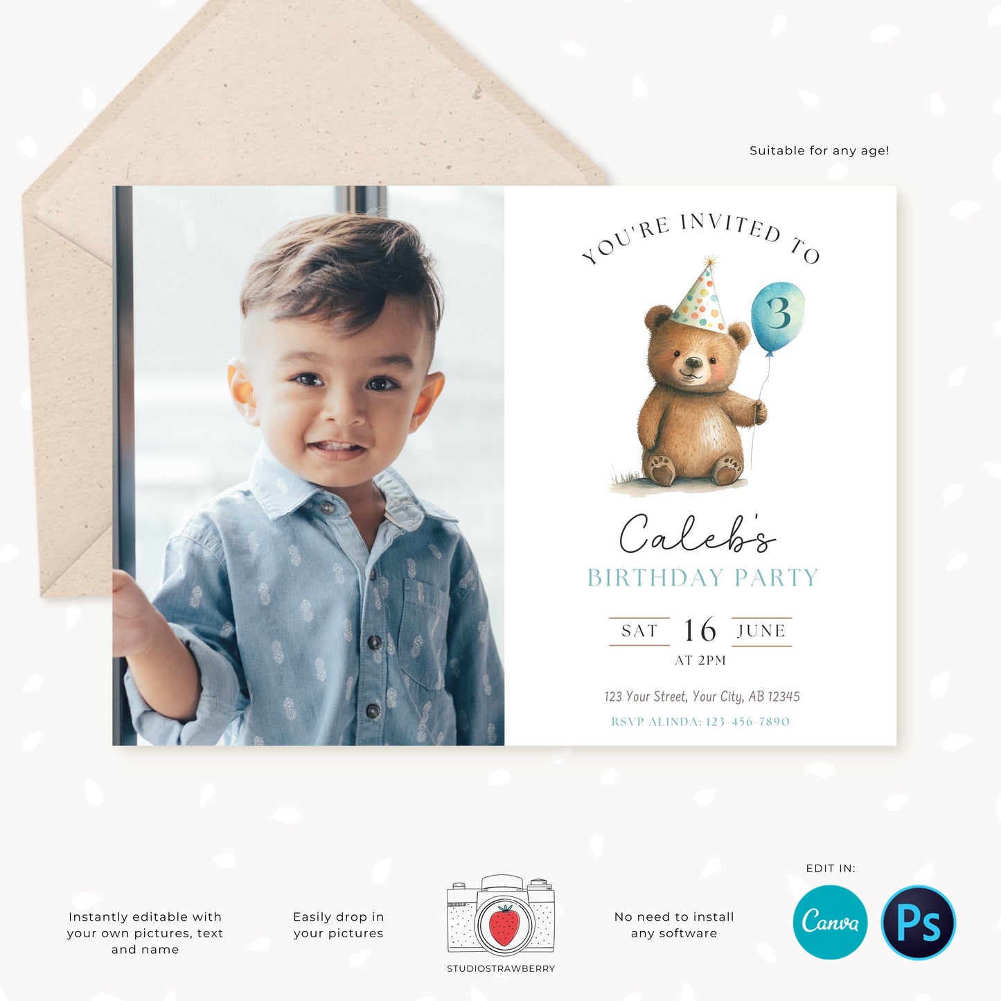 Bear Birthday Invitation, Editable Kids Party Invite, Birthday Photo Card, Custom, Personalized, Teddy bear, Bear Party, Boy, Girl, Any age