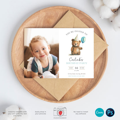 Bear Birthday Invitation, Editable Kids Party Invite, Birthday Photo Card, Custom, Personalized, Teddy bear, Bear Party, Boy, Girl, Any age
