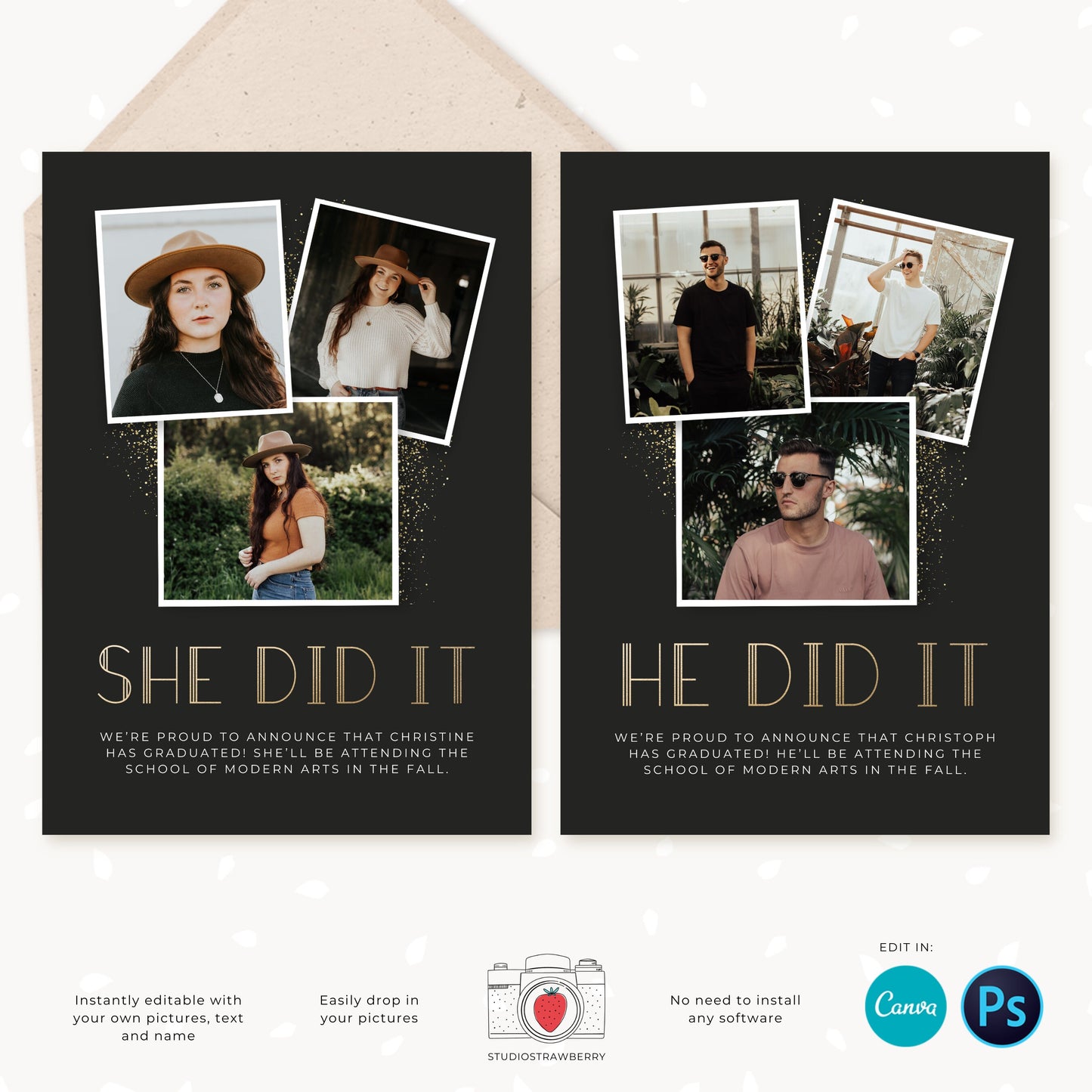 Graduation invitation template, Editable Graduation Photo Card, Senior Graduation Template, Senior Graduation Announcement, Gold, Collage