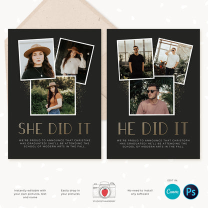 Graduation invitation template, Editable Graduation Photo Card, Senior Graduation Template, Senior Graduation Announcement, Gold, Collage