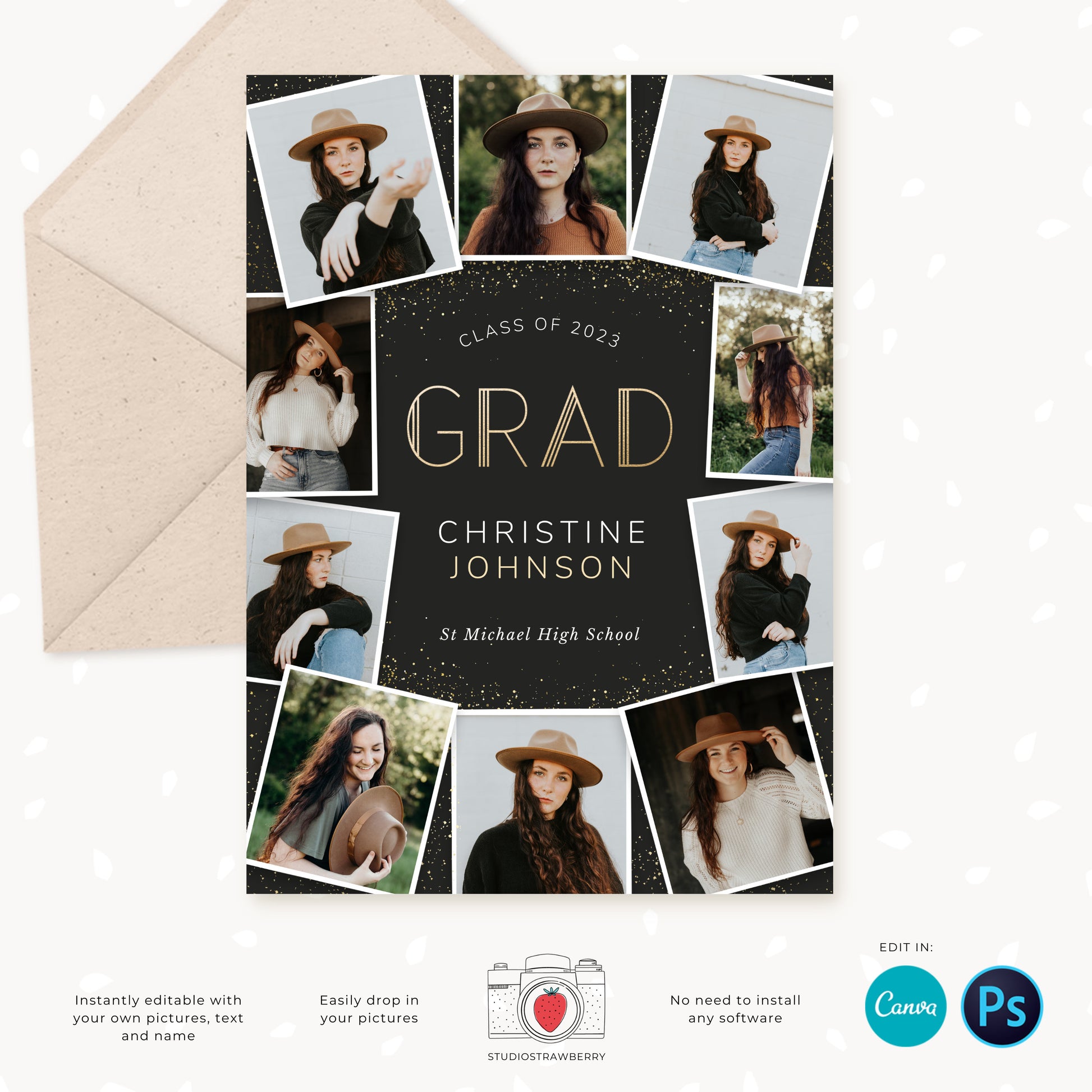 Graduation invitation template, Editable Graduation Photo Card, Senior Graduation Template, Senior Graduation Announcement, Gold, Collage
