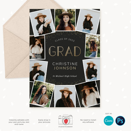 Graduation invitation template, Editable Graduation Photo Card, Senior Graduation Template, Senior Graduation Announcement, Gold, Collage