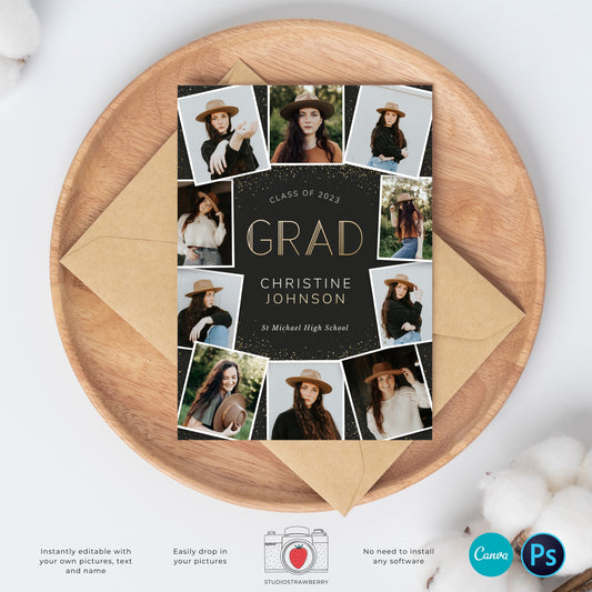 Graduation invitation template, Editable Graduation Photo Card, Senior Graduation Template, Senior Graduation Announcement, Gold, Collage