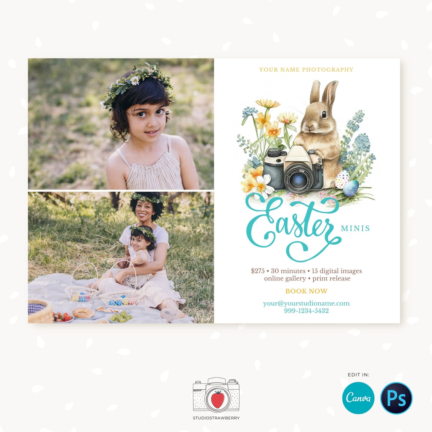 Easter Mini Session Template, Easter Marketing Board, Easter Minis, Easter Mini Sessions, Photographer Marketing, Easter session, Bunny