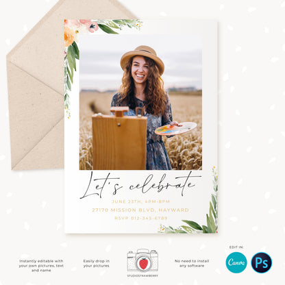 Graduation invitation template, Editable Graduation Photo Card, Senior Graduation Template, Senior Graduation Announcement, Watercolor