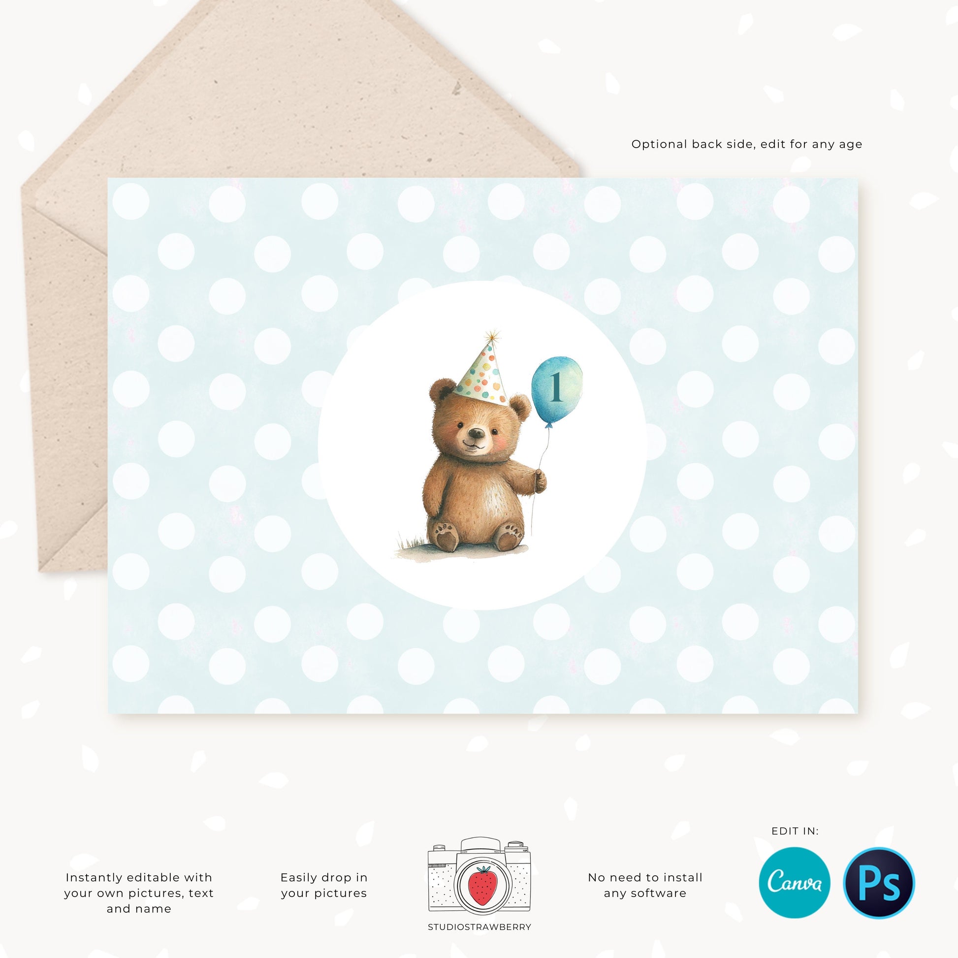 Bear Birthday Invitation, Editable Kids Party Invite, Birthday Photo Card, Custom, Personalized, Teddy bear, Bear Party, Boy, Girl, Any age