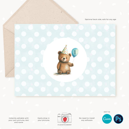 Bear Birthday Invitation, Editable Kids Party Invite, Birthday Photo Card, Custom, Personalized, Teddy bear, Bear Party, Boy, Girl, Any age