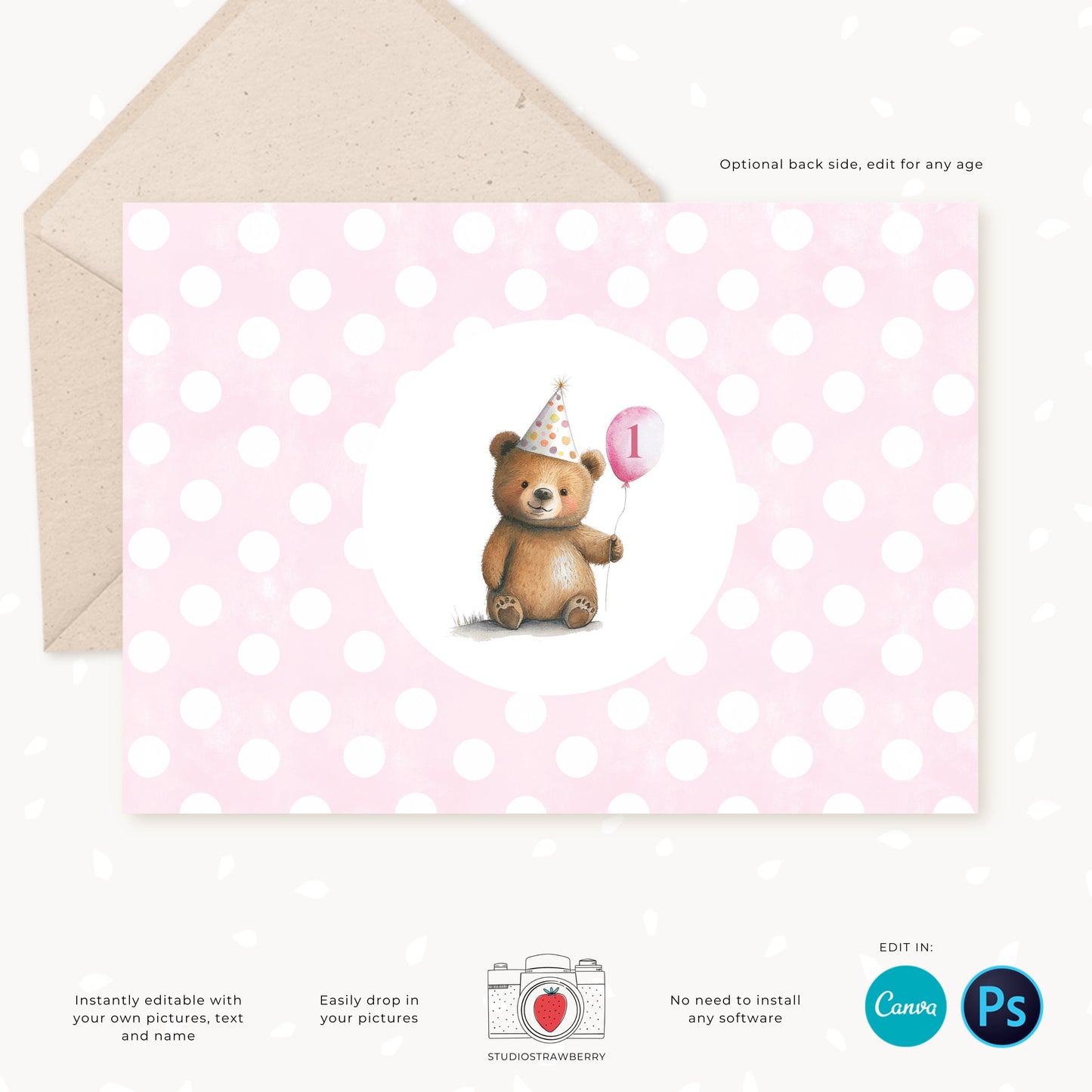 Bear Birthday Invitation, Editable Kids Party Invite, Birthday Photo Card, Custom, Personalized, Teddy bear, Bear Party, Boy, Girl, Any age