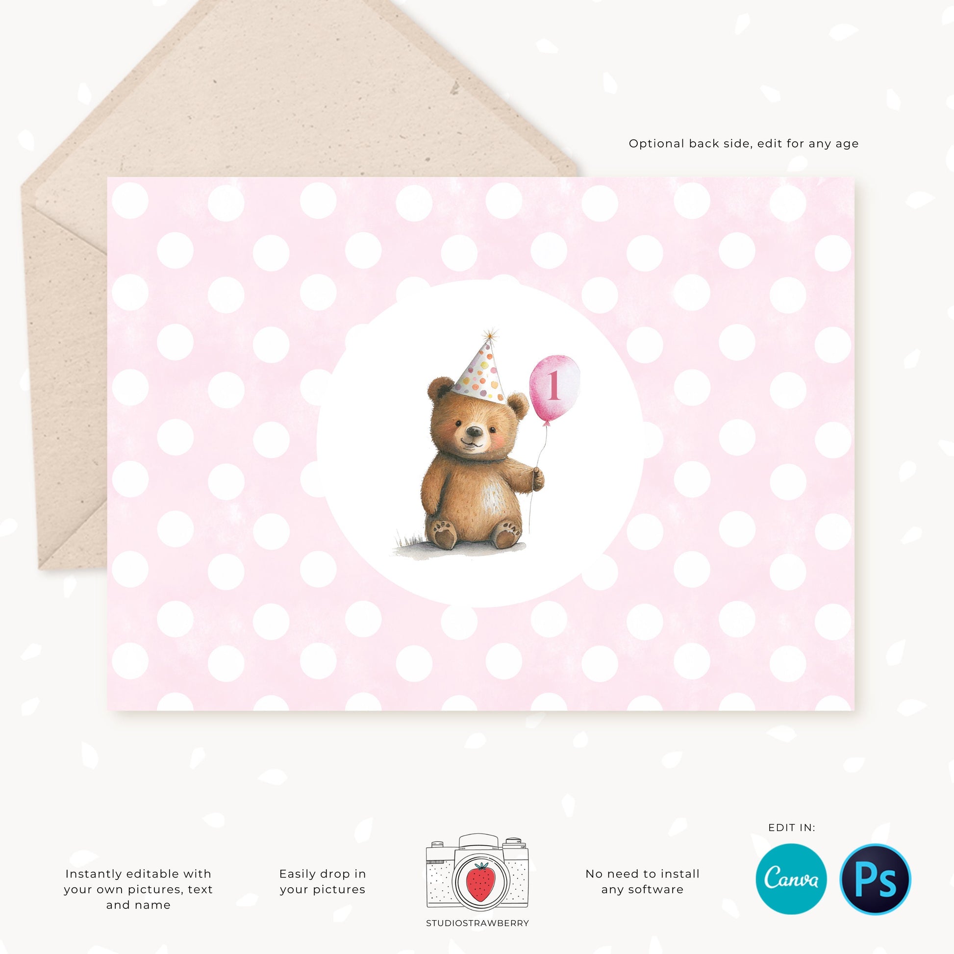 Bear Birthday Invitation, Editable Kids Party Invite, Birthday Photo Card, Custom, Personalized, Teddy bear, Bear Party, Boy, Girl, Any age