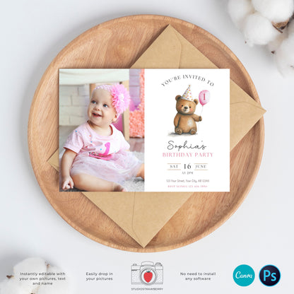 Bear Birthday Invitation, Editable Kids Party Invite, Birthday Photo Card, Custom, Personalized, Teddy bear, Bear Party, Boy, Girl, Any age