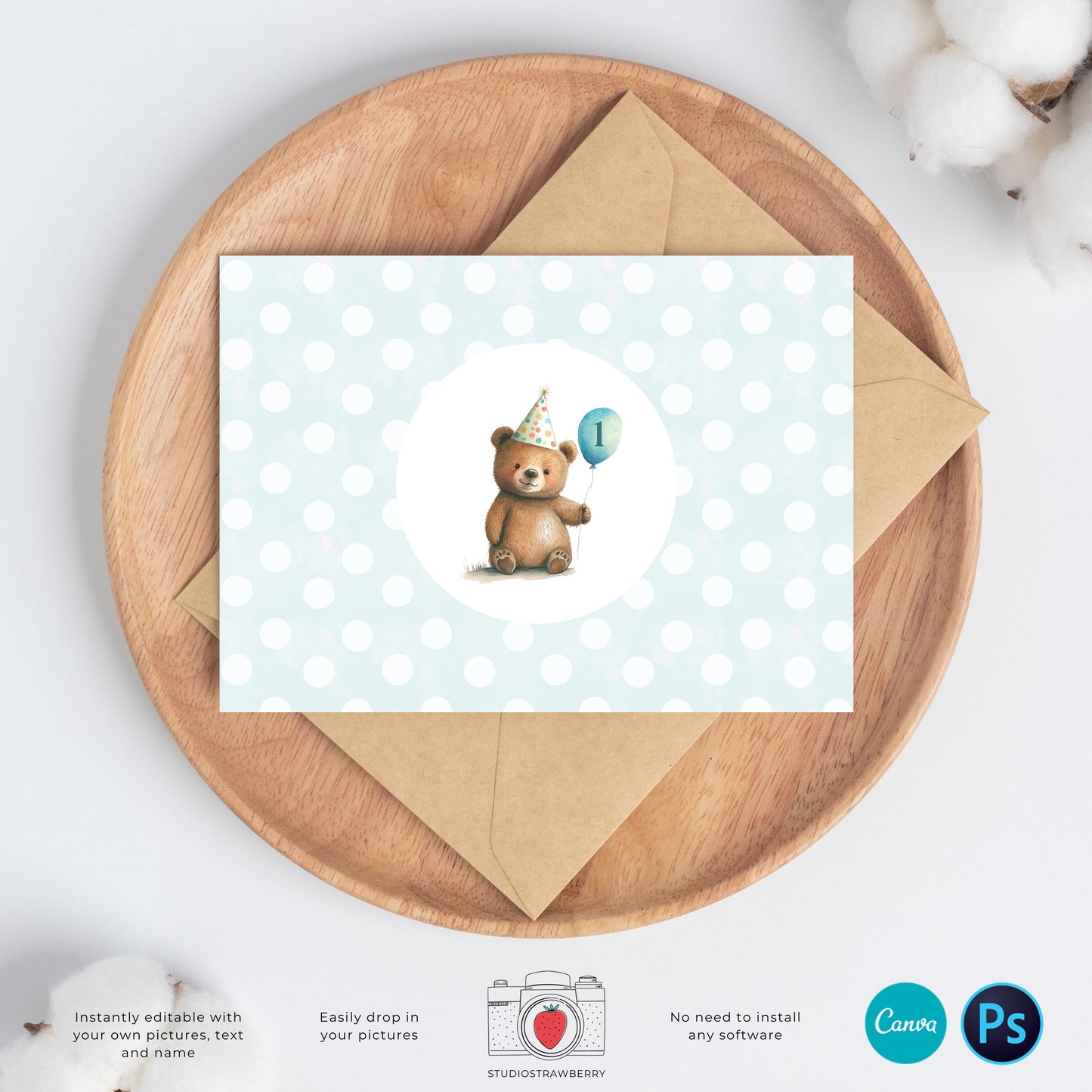 Bear Birthday Invitation, Editable Kids Party Invite, Birthday Photo Card, Custom, Personalized, Teddy bear, Bear Party, Boy, Girl, Any age