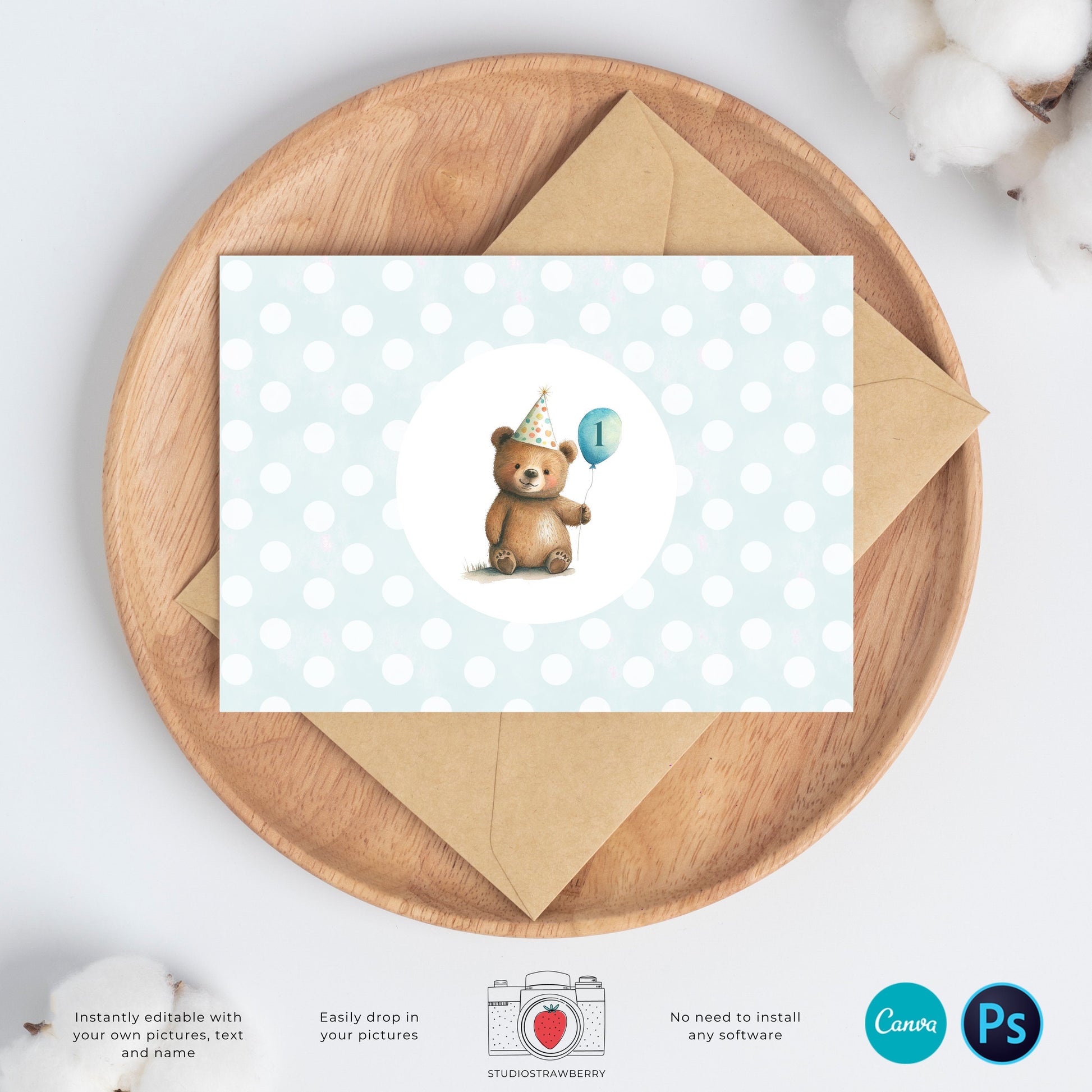 Bear Birthday Invitation, Editable Kids Party Invite, Birthday Photo Card, Custom, Personalized, Teddy bear, Bear Party, Boy, Girl, Any age