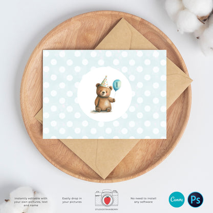 Bear Birthday Invitation, Editable Kids Party Invite, Birthday Photo Card, Custom, Personalized, Teddy bear, Bear Party, Boy, Girl, Any age