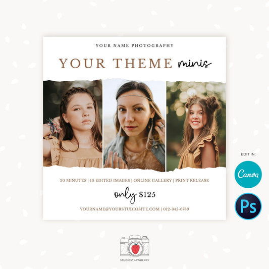 Mini Session Template, Canva, Photoshop, Mini session marketing, Photography marketing, Neutral mini sessions template, Your Theme minis