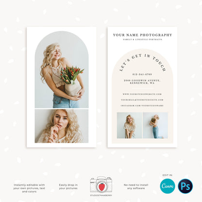 Business card template canva, Photography Business Card Template, Vertical Business Card, Photoshop Template, Photo Business Cards, Arch