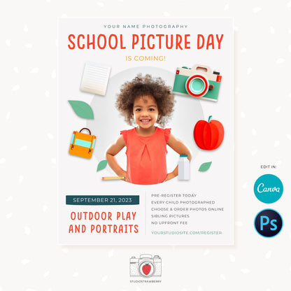 School picture day template, School photo day, School picture flyer, School picture day flyer, School picture day display board, Canva, PS