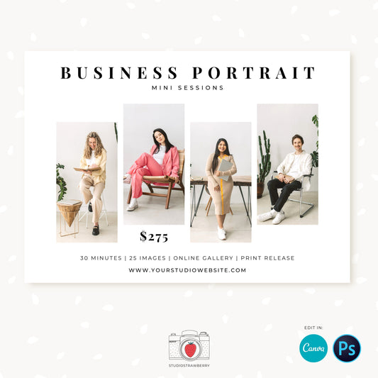 Business portrait mini session template, Business headshot sessions, Business Portrait Marketing board, Biz photography marketing, colmin
