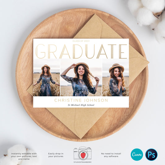 Graduation invitation template, Editable Graduation Photo Card, Senior Graduation Template, Senior Graduation Announcement, Gold, Art deco