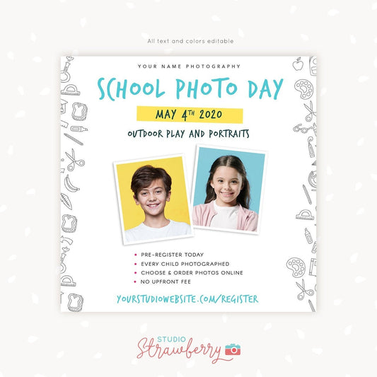 School photo day template, school picture day marketing board, school photography promotion, printable editable school photography flyer