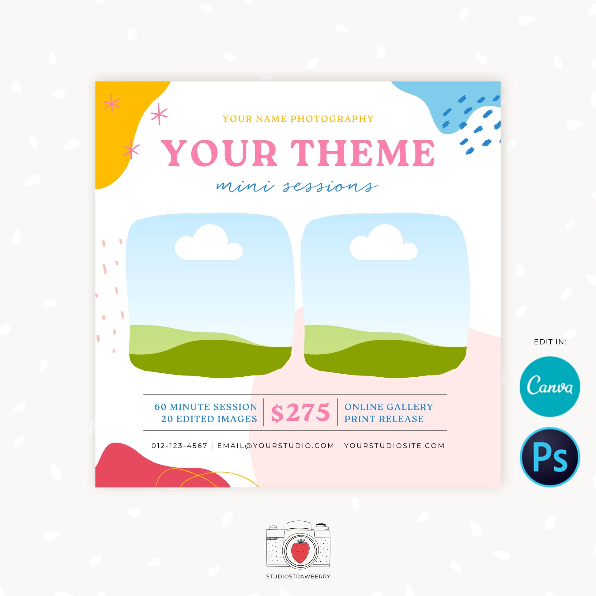 Mini Session Template, Canva, PS, Mini session marketing, Photography marketing, Colorful mini sessions template, Your Theme minis, colcre
