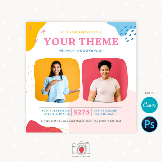 Mini Session Template, Canva, PS, Mini session marketing, Photography marketing, Colorful mini sessions template, Your Theme minis, colcre