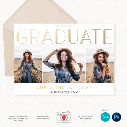 Graduation invitation template, Editable Graduation Photo Card, Senior Graduation Template, Senior Graduation Announcement, Gold, Art deco