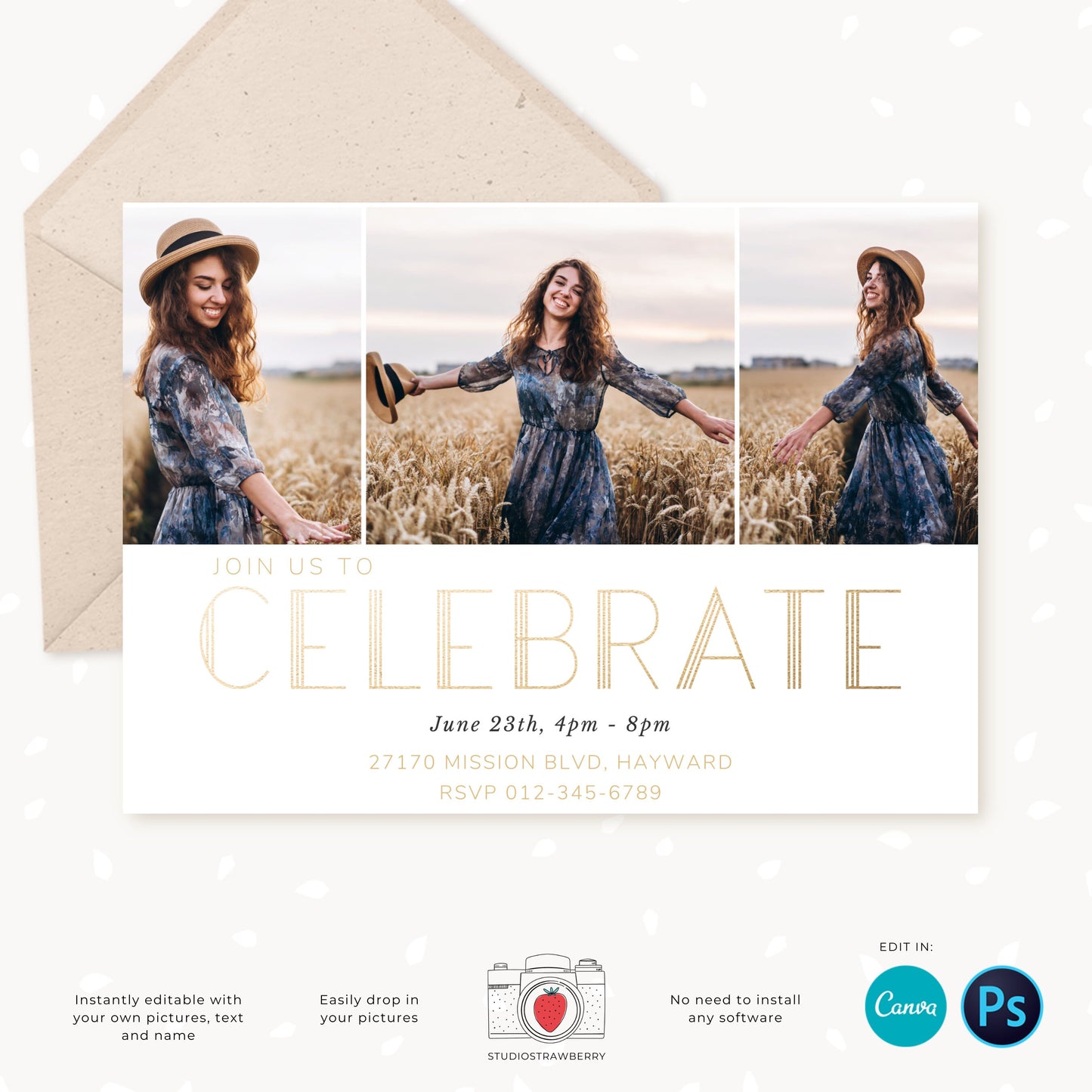 Graduation invitation template, Editable Graduation Photo Card, Senior Graduation Template, Senior Graduation Announcement, Gold, Art deco