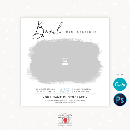 Beach Mini Sessions Template, Canva, Photoshop, Beach mini session template, Beach minis, Beach photo sessions, Summer sessions, Editable