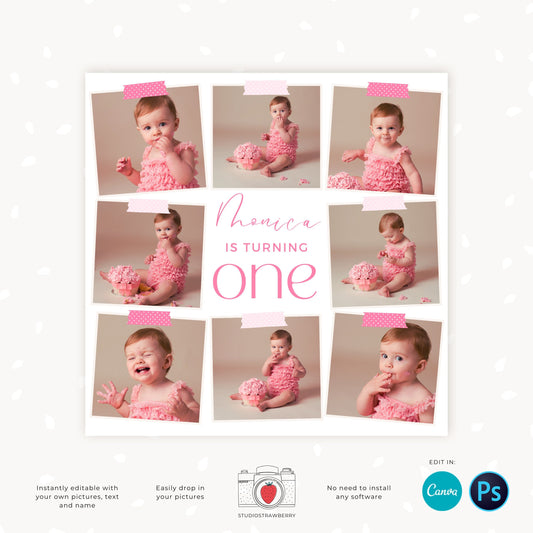 Cake smash photo collage template, First birthday, Cake smash collage, Cake smash mini session collage, Baby collage, Canva template