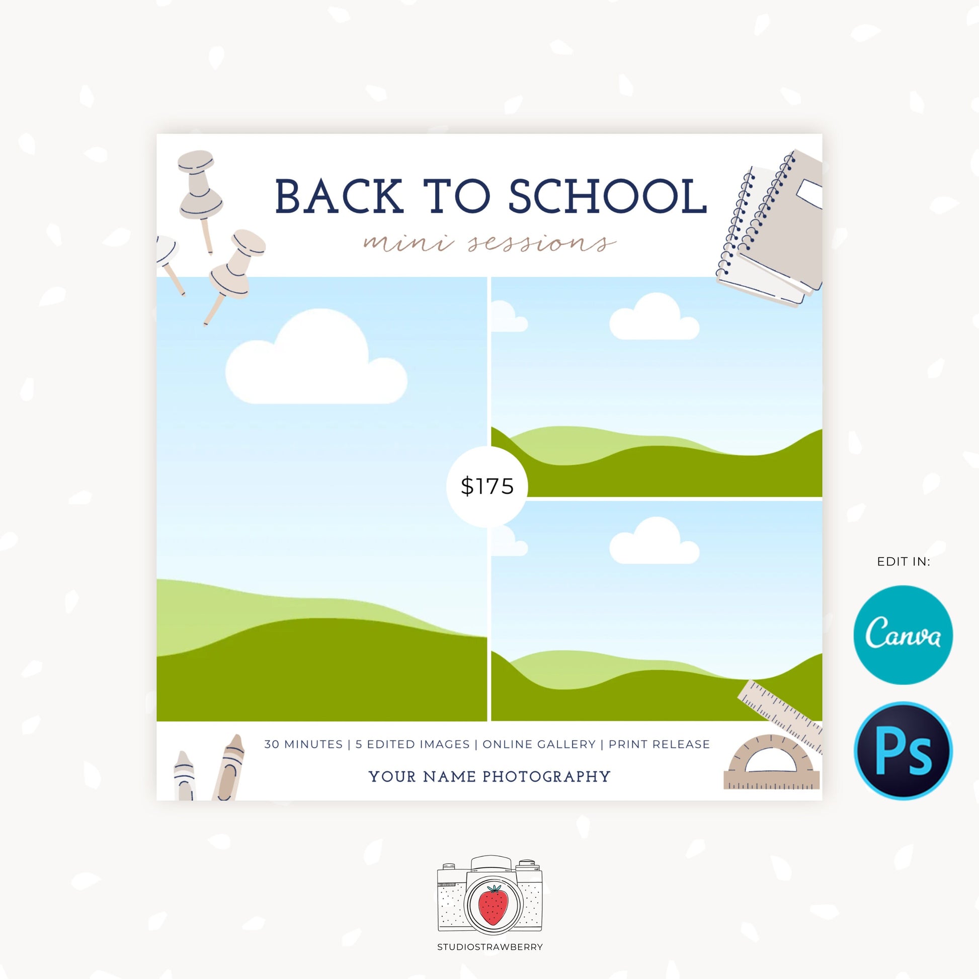Back to school mini session template, School Photography Template, Kids Photography Template, Photography marketing templates, Neutral