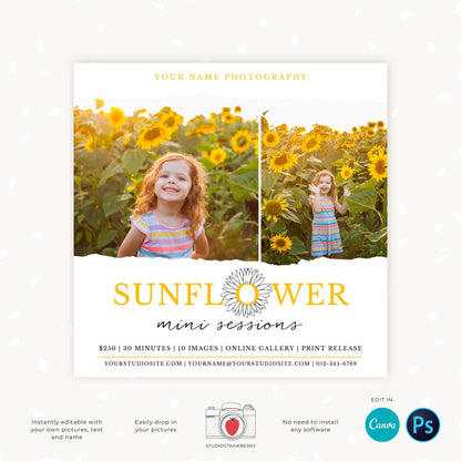 Sunflower mini sessions template, Summer mini sessions marketing template, Sunflower photo sessions, Summer photography, summer sessions