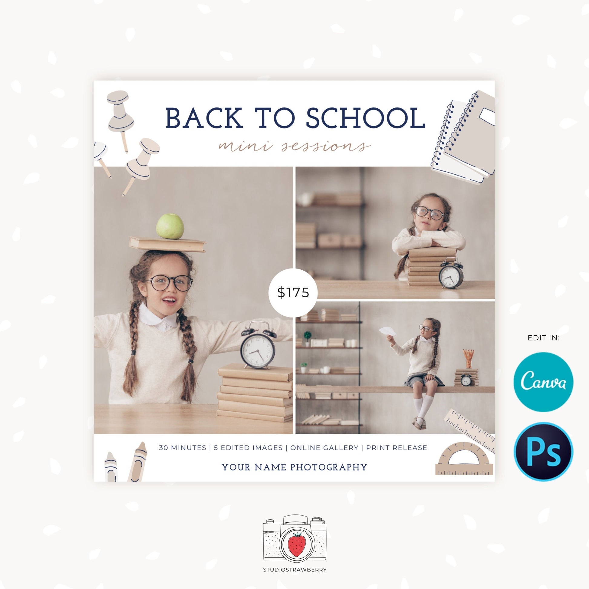 Back to school mini session template, School Photography Template, Kids Photography Template, Photography marketing templates, Neutral