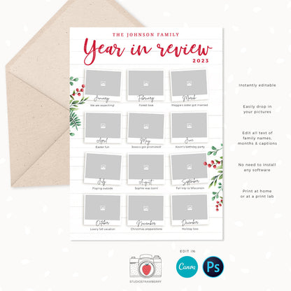 Year in review Christmas card template, 2023 monthly overview, Canva Year in review template monthly, Year in review holiday card, Pictures